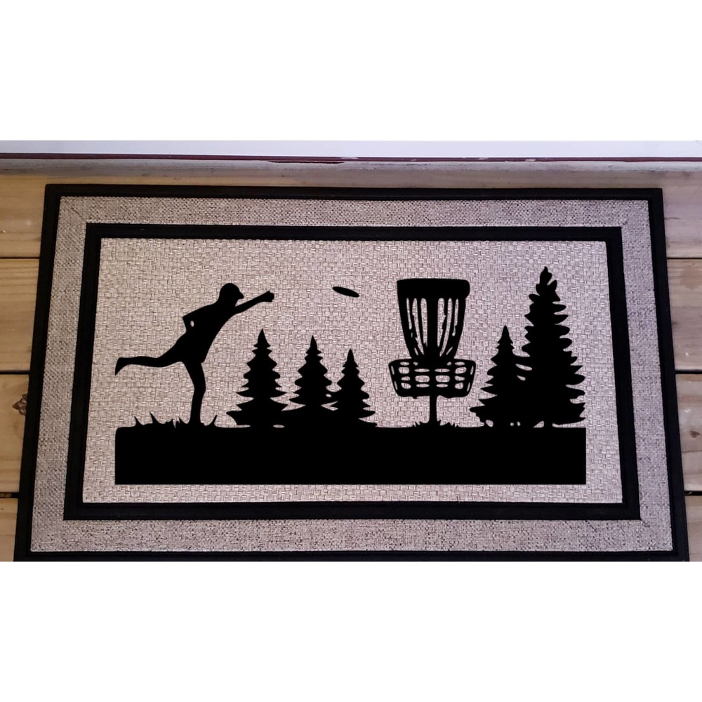 Disc Golf Basket Golfer Tree Scene Logo Door Mat Discgolfer Gift
